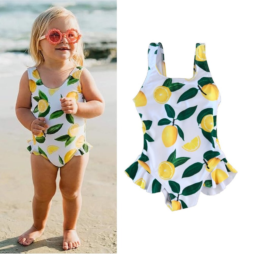NWOT | GIRLS RUFFLED ONE-PIECE SWIMSUIT W/LEMONS PRINT | SZ 2T